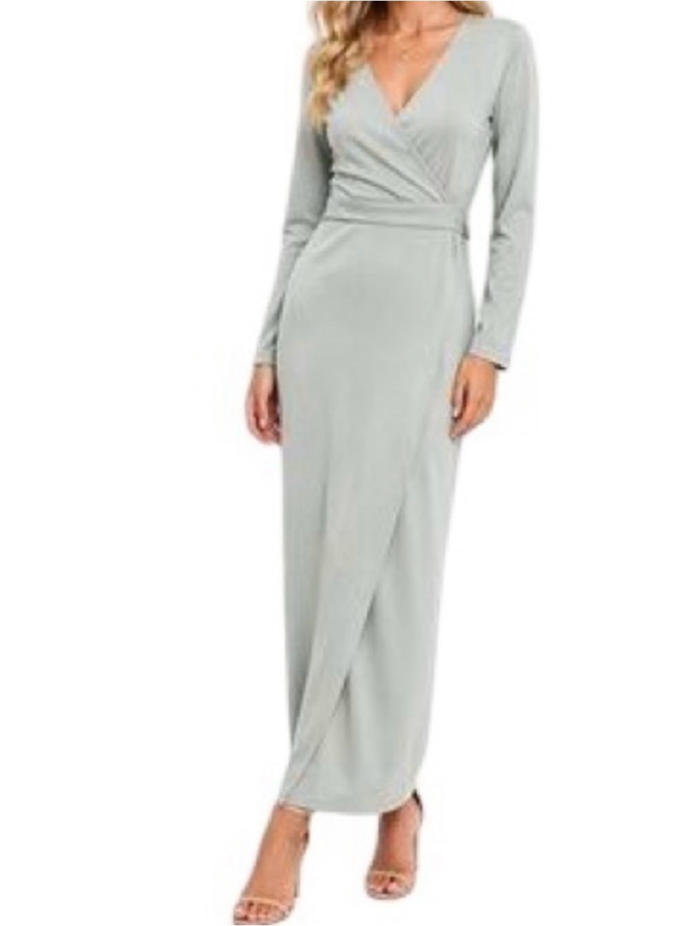 KITTENISH Faye Crossover Wrap Maxi Dress Sage Green Size S Stretchy Minimalist